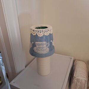 Blue Gingham Lamp Shade with Cream Lace Trim